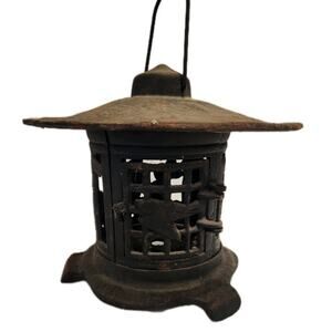 Vintage Rustic Cast Iron Lantern Pagoda Candle Stick Bird Lamp Japanese Decor